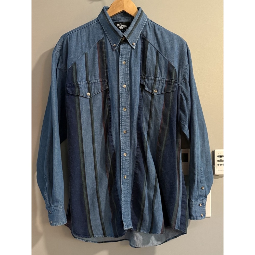 Roper Shirt Denim Vintage Rodeo Western Button Down Stripe Men's XL